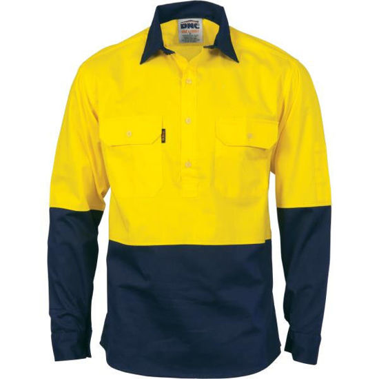 Picture of Dnc Hi-Vis Two Tone Close Front Cotton Drillshirt, Long Sleeve, Gusset 3834